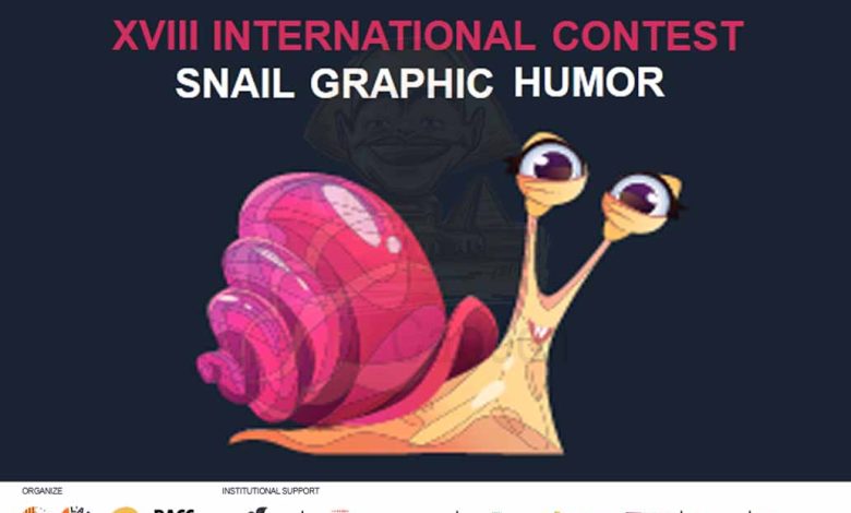 Official poster for the 18th International Contest Snail Graphic Humor 2026 in Lleida, Spain.