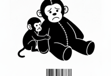 A baby macaque named Punch clinging to a plush orangutan toy in a Japanese zoo, symbolizing the void of modern captivity.