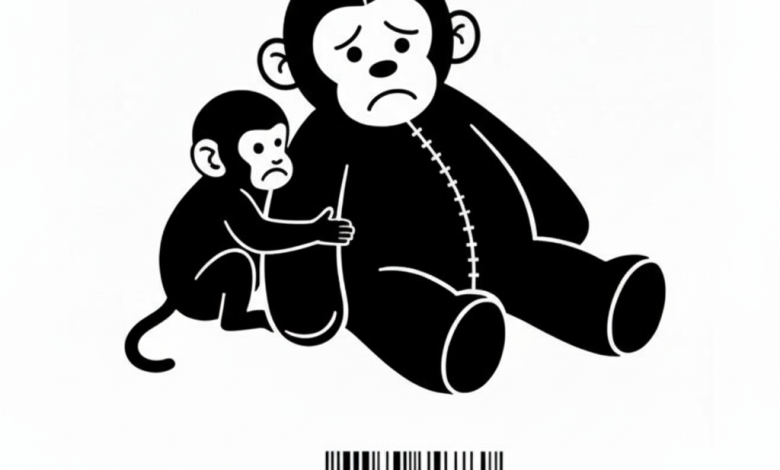 A baby macaque named Punch clinging to a plush orangutan toy in a Japanese zoo, symbolizing the void of modern captivity.
