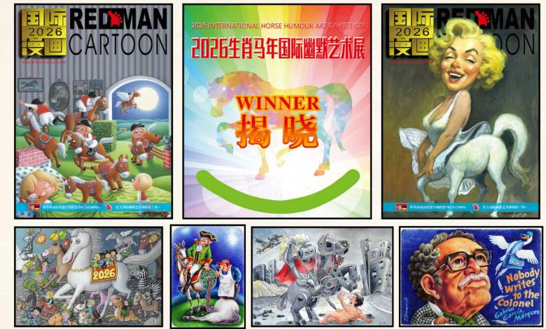 Award winning horse cartoons and caricatures from 2026 International Horse Humour Art Exhibition.