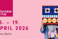 Interior view of Arena Berlin during the Affordable Art Fair featuring contemporary paintings and visitors.