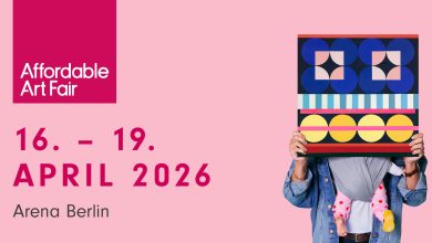 Interior view of Arena Berlin during the Affordable Art Fair featuring contemporary paintings and visitors.