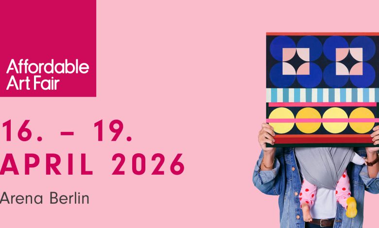 Interior view of Arena Berlin during the Affordable Art Fair featuring contemporary paintings and visitors.