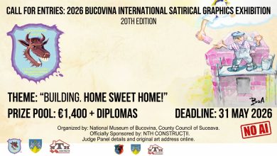 Call for Entries: 2026 Bucovina International Satirical Graphics Exhibition banner showing contest details, logos, and a cartoon illustration of a builder.