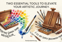 Kuretake Gansai Tambi 48 color set and US Art Supply French Easel on a creative desk.