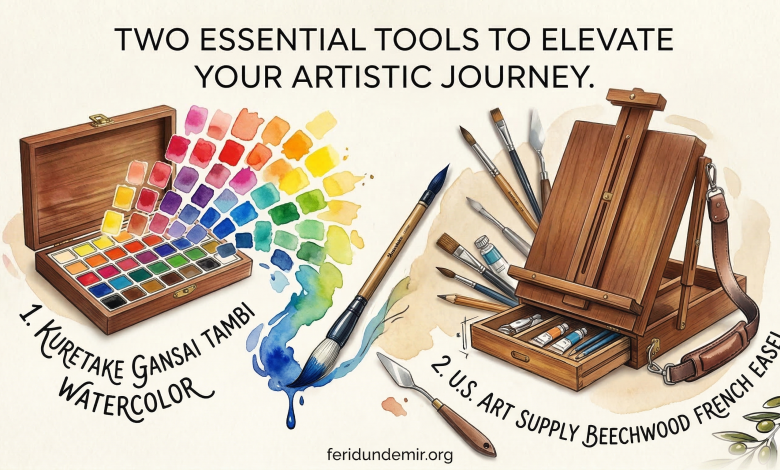 Kuretake Gansai Tambi 48 color set and US Art Supply French Easel on a creative desk.