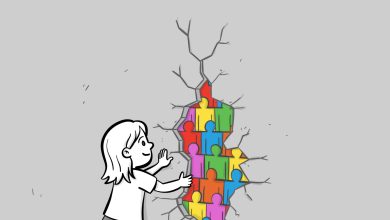 A cartoon illustration of a young girl peering into a large crack in a smooth, monolithic grey wall. The crack reveals a dense puzzle of interlocking, multi-colored (red, blue, yellow, green) human figures.