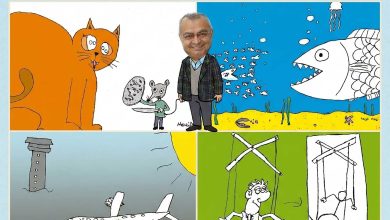 Master cartoonist Mustafa Yıldız drawing with children in a rural village school; students sketching with excitement at their desks surrounded by nature posters.