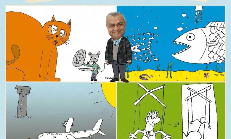 Master cartoonist Mustafa Yıldız drawing with children in a rural village school; students sketching with excitement at their desks surrounded by nature posters.