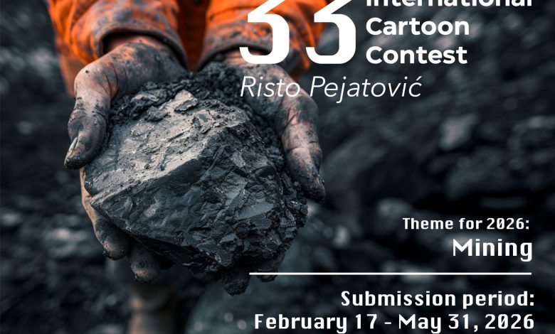 Promotional poster for the XXXIII Risto Pejatović International Cartoon Contest 2026 Montenegro.