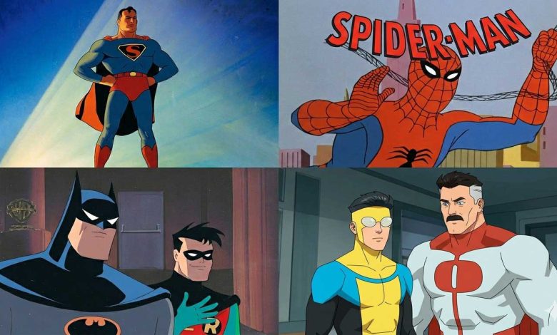 A visual timeline showing the artistic transition of superhero cartoons from 1940 to 2026.