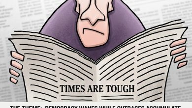 Editorial cartoon showing a man reading a newspaper with a concerned face for the 2026 World Press Freedom competition.