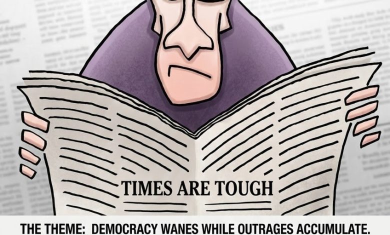 Editorial cartoon showing a man reading a newspaper with a concerned face for the 2026 World Press Freedom competition.