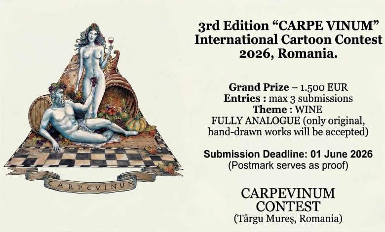 3rd Edition CARPE VINUM International Cartoon Contest 2026, Romania: A detailed classical-style illustration showing the gods Bacchus and Venus, a wine barrel, a cornucopia of grapes and pumpkins, and a castle in the background, promoting the 1,500 EUR fully analogue competition.