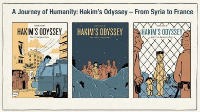 Triptych banner image showing the three book covers of Fabien Toulmé's graphic novel trilogy, Hakim’s Odyssey.