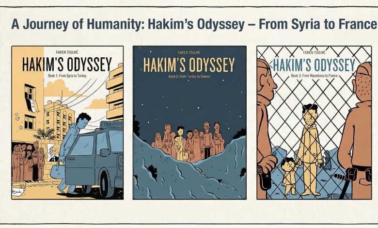 Triptych banner image showing the three book covers of Fabien Toulmé's graphic novel trilogy, Hakim’s Odyssey.