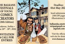 Balkans Festival of Young Comics Creators 2026 official poster with Corto Maltese illustration.