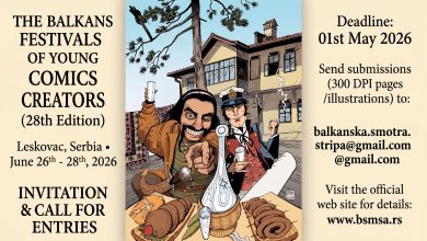 Balkans Festival of Young Comics Creators 2026 official poster with Corto Maltese illustration.