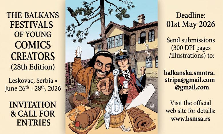 Balkans Festival of Young Comics Creators 2026 official poster with Corto Maltese illustration.