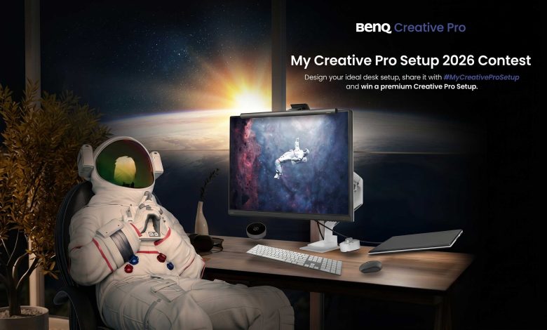 BenQ Creative Pro Setup Contest 2026 official announcement graphic showing professional monitors and workspace gear.