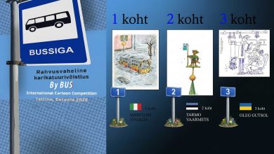 Winners of the International Cartoon Competition By Bus exhibition catalogue cover and winning caricatures.