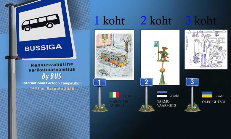 Winners of the International Cartoon Competition By Bus exhibition catalogue cover and winning caricatures.