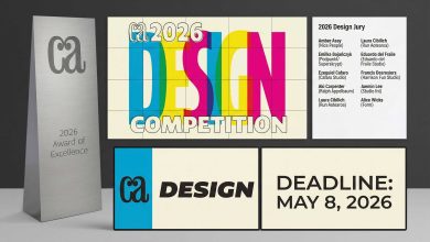 Official poster for Communication Arts 2026 Design Competition featuring the Award of Excellence trophy and 2026 Jury list.