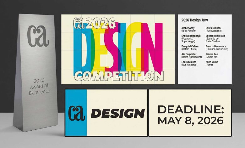 Official poster for Communication Arts 2026 Design Competition featuring the Award of Excellence trophy and 2026 Jury list.