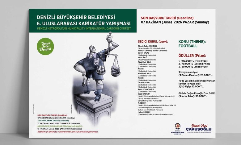 Official poster for Denizli 6th International Cartoon Contest 2026 Football Theme
