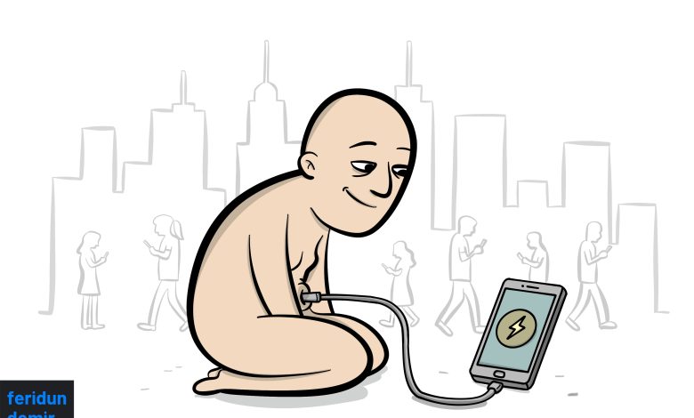 A cartoon of a man connected to a smartphone via a charging cable attached to his navel.