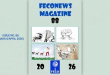 Cover of FECONEWS Magazine Issue 88 featuring global cartoon art and tributes.
