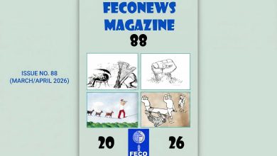 Cover of FECONEWS Magazine Issue 88 featuring global cartoon art and tributes.