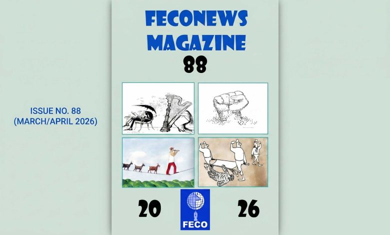 Cover of FECONEWS Magazine Issue 88 featuring global cartoon art and tributes.