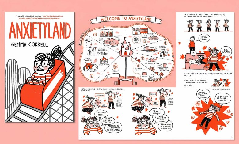 Cover art and illustrations from Gemma Correll's graphic memoir Anxietyland.