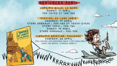 Promotional poster for L'Homme qui vendit la Tour Eiffel comic book signing events in April 2026.