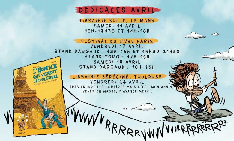 Promotional poster for L'Homme qui vendit la Tour Eiffel comic book signing events in April 2026.