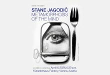 Stane Jagodič Metamorphosis of the Mind exhibition poster featuring a surreal eye in a tin can and a fork.