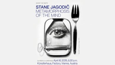 Stane Jagodič Metamorphosis of the Mind exhibition poster featuring a surreal eye in a tin can and a fork.