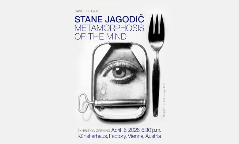 Stane Jagodič Metamorphosis of the Mind exhibition poster featuring a surreal eye in a tin can and a fork.