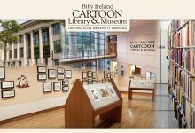 A photo collage showing the interior, exterior, and original cartoon art collections of the Billy Ireland Cartoon Library & Museum.