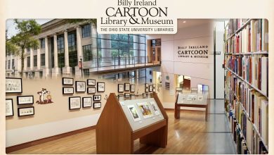 A photo collage showing the interior, exterior, and original cartoon art collections of the Billy Ireland Cartoon Library & Museum.