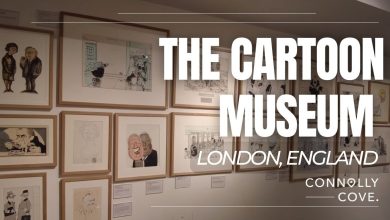 feridundemir.org The Cartoon Museum London review - Features the museum exterior, historical political cartoon exhibitions, and contemporary comic art.