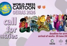 Official announcement banner for World Press Cartoon Oeiras 2026.
