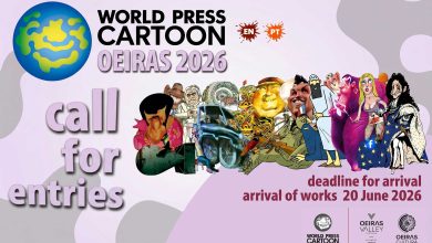 Official announcement banner for World Press Cartoon Oeiras 2026.