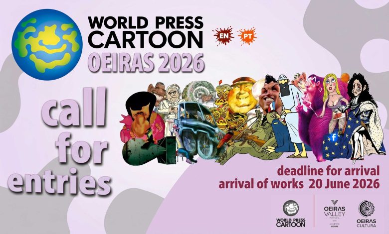 Official announcement banner for World Press Cartoon Oeiras 2026.