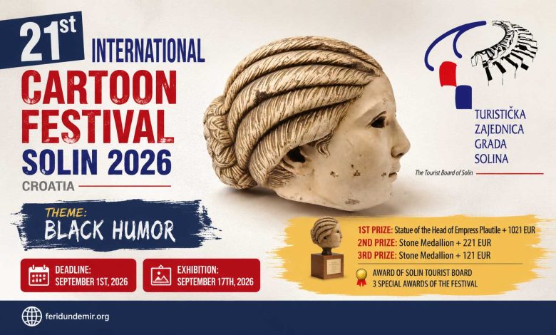 Poster announcement for the 21st International Cartoon Festival Solin 2026 in Croatia