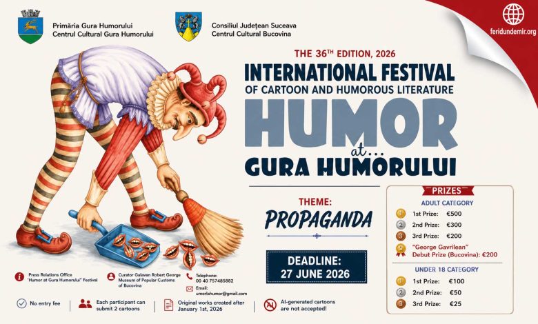 Official poster of the 36th International Festival of Cartoon & Humorous Literature 2026 in Gura Humorului, Romania.