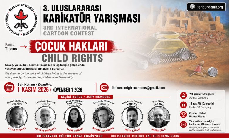 Poster of the 3rd International Cartoon Contest in Turkey 2026 featuring jury members and Children’s Rights theme