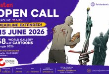 58th World Gallery of Cartoons Skopje 2026 official open call poster featuring works by Muzaffer Yulchiboev and the extended June 15 deadline.