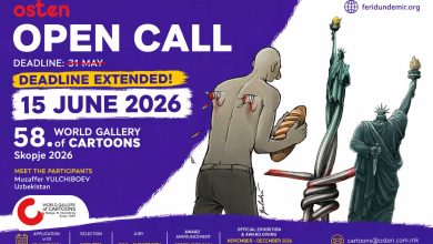 58th World Gallery of Cartoons Skopje 2026 official open call poster featuring works by Muzaffer Yulchiboev and the extended June 15 deadline.